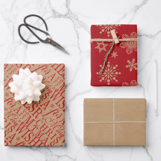 ウォームウィッシュタイポグラフィクラフト紙レッドID589 ラッピングペーパーシート (正面)