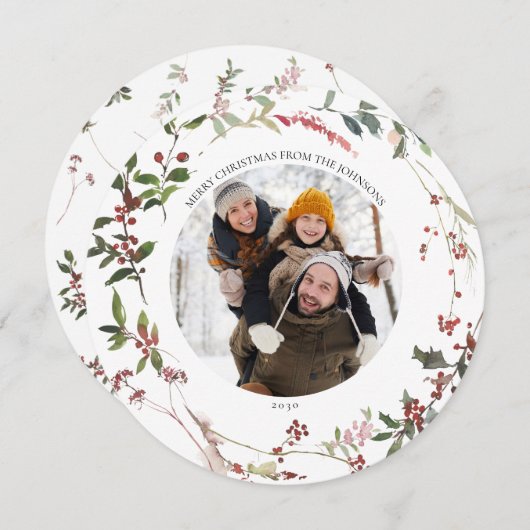 ウォームウィンターベリーリースフォトホリデーカード シーズンカード (正面/裏面)