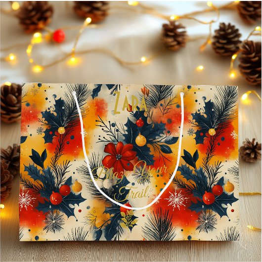 ウォームトーンクリスマス抱き枕とフェスティバルフローラ ラージペーパーバッグ