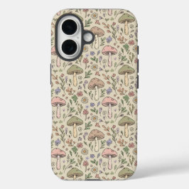 ウォームベージュの菌類シームレス柄 ナチュラル ボヘミアン iPhone 16ケース