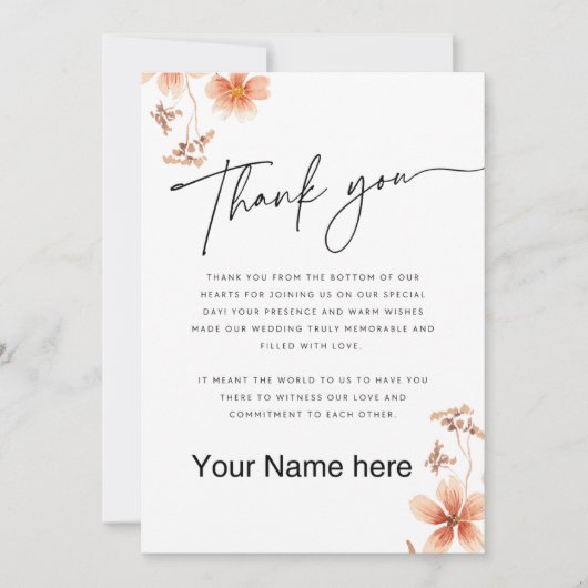 ウォーム・ウォーターカラー・フラワーズ・カリグラフィー・ウェディング サンキューカード (正面)