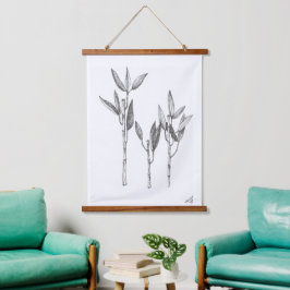 ウォールアート、オリジナルファインアート竹のインクスケッチ 吊り下げ型タペストリー