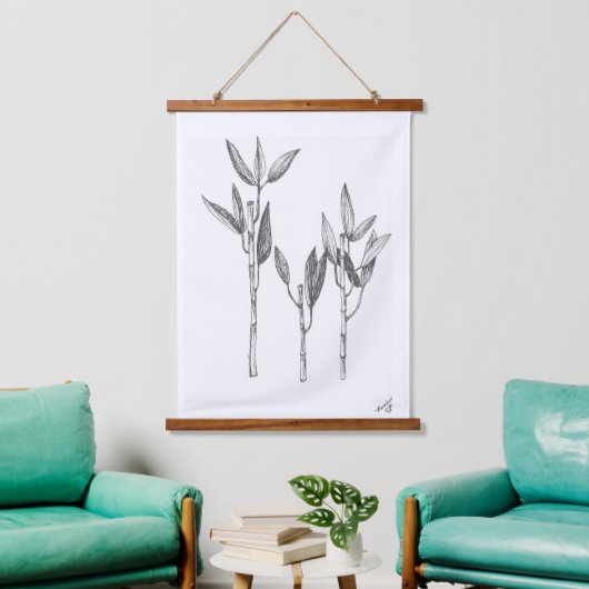 ウォールアート、オリジナルファインアート竹のインクスケッチ 吊り下げ型タペストリー (リビング)
