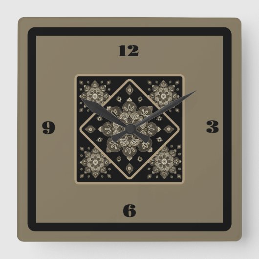 ウォールクロックセピアメダリオンズオンブラック スクエア壁時計 (正面)