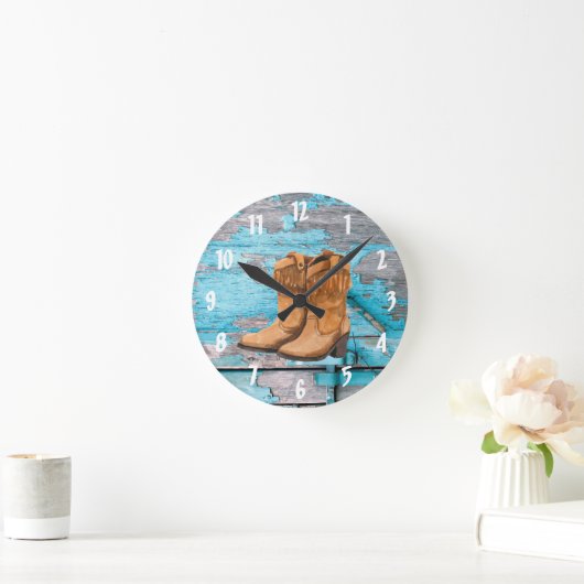 ウォールクロックブルーウッドバーンドアブーツカントリールスティ ラウンド壁時計 (ホーム)