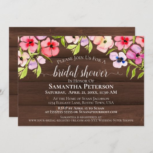 ウォー素朴ターカラーパンシーズバーンウッドブライダルシャワー 招待状 (正面/裏面)