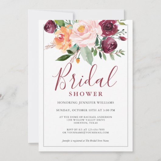 ウォー素朴ターカラーフローラブーケブライダルシャワー 招待状 (正面)