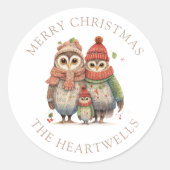 ウオウル一家メリークリスマスパーソナライズされたの水彩 ラウンドシール (正面)