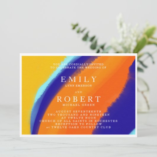 ウオタクはっきりしたロオレンジとブルーの結婚式招待状 招待状 (スタンド正面)