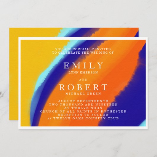 ウオタクはっきりしたロオレンジとブルーの結婚式招待状 招待状 (正面/裏面)