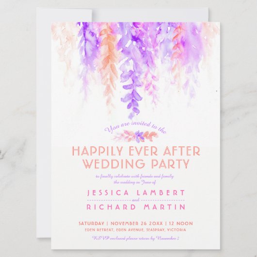 ウオータカラーつる植物紫オレンジ婚礼後 招待状 (正面)