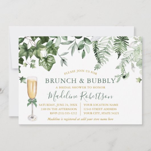 ウオータカラーアイビーシダセージ緑の金ゴールドブライダルブランチ 招待状 (正面)