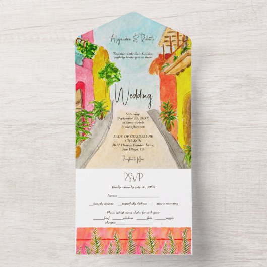 ウオータカラーエキゾチック鳥ラッシュ庭園の結婚式 オールインワン招待状 (内側)