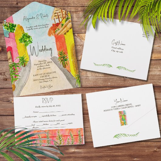 ウオータカラーエキゾチック鳥ラッシュ庭園の結婚式 オールインワン招待状