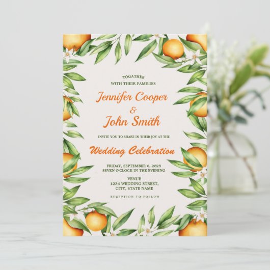 ウオータカラーオレンジシトラスフルーツ結婚植物園 招待状 (スタンド正面)