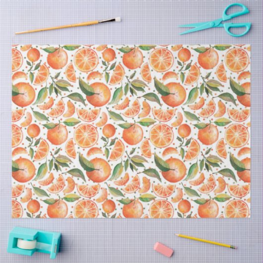 ウオータカラーオレンジ柑橘系植物模様 薄葉紙 (クラフト)