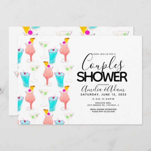 ウオータカラーカクテル色彩の鮮やかカップルシャワーイベント 招待状 (正面/裏面)