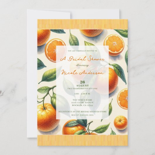 ウオータカラーシトラスオレンジ葉ブライダルシャワー 招待状 (正面)