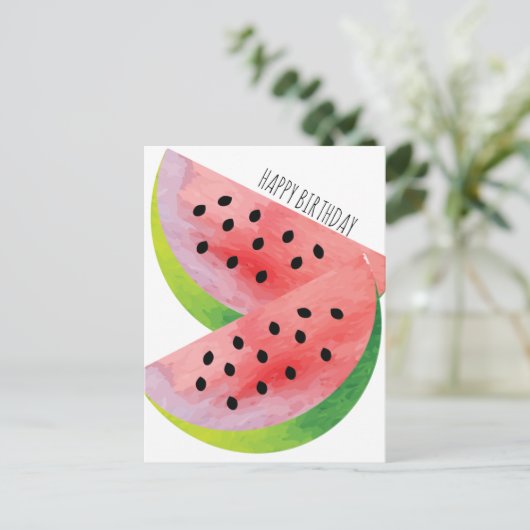 ウオータカラースイカペアサマー誕生日 ポストカード (スタンド正面)