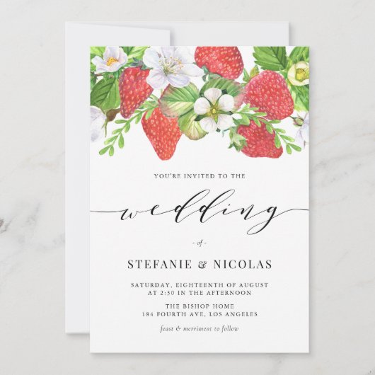 ウオータカラーストロベリーガーランドボタニッ結婚クス 招待状 (正面)