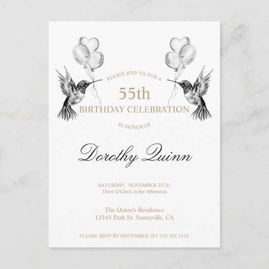 ウオータカラーハミングバードバルーン誕生日招待状 ポストカード (正面)