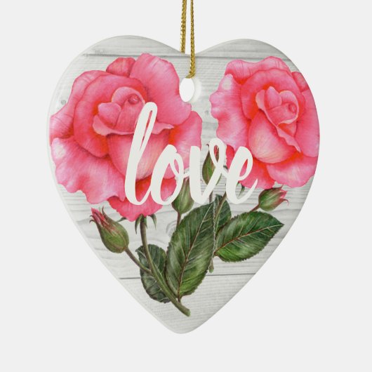 ウオータカラーピンクローズボタニカルフローライラストレーション セラミックオーナメント (右)