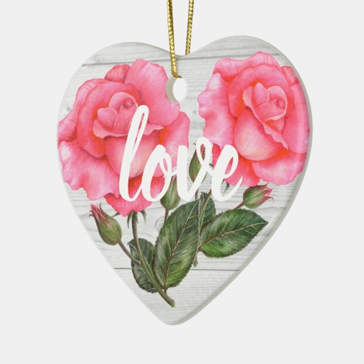 ウオータカラーピンクローズボタニカルフローライラストレーション セラミックオーナメント (左)