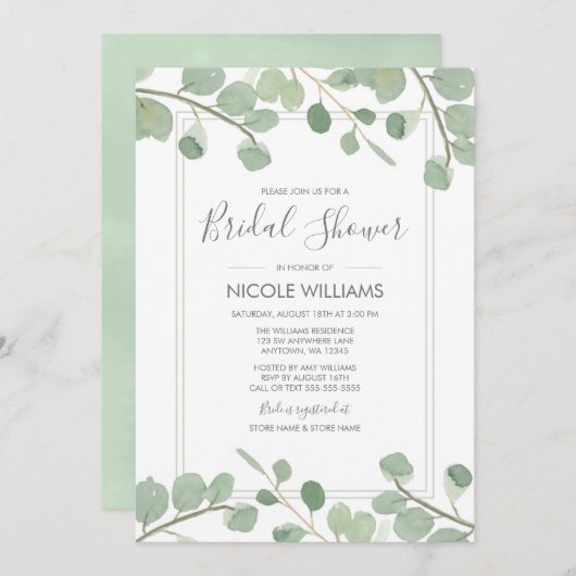 ウオータカラーユーカリブライダルシャワー 招待状 (正面/裏面)