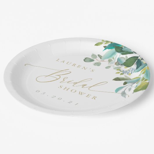 ウオータカラーユーカリプスグリーンブライダルシャワー ペーパープレート (アングル)
