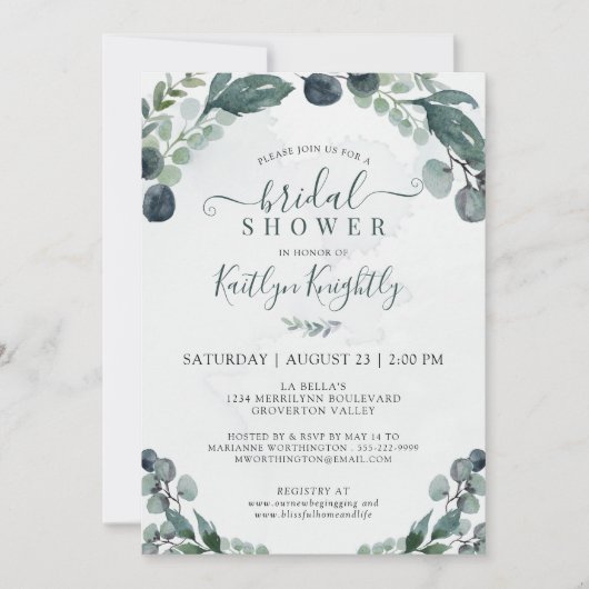 ウオータカラーユーカリプスグリーンブライダルシャワー 招待状 (正面)