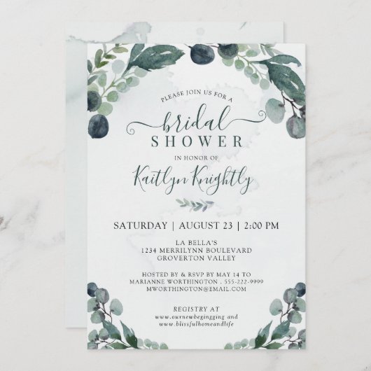 ウオータカラーユーカリプスグリーンブライダルシャワー 招待状 (正面/裏面)