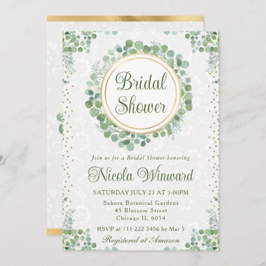 ウオータカラーユーカリプスグリーンブライダルシャワー 招待状 (正面/裏面)