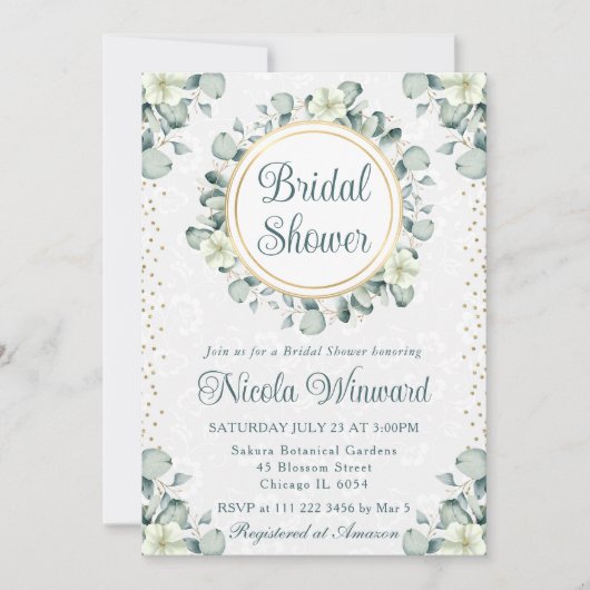 ウオータカラーユーカリプスグリーンブライダルシャワー 招待状 (正面)