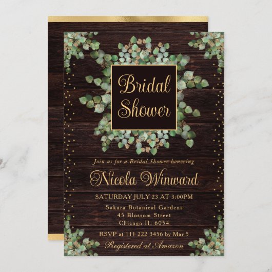 ウオータカラーユーカリプスグリーンブライダルシャワー 招待状 (正面/裏面)