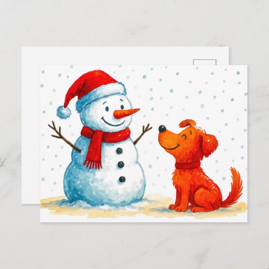 ウオータカラー漫画ドッグ雪だるま付き冬 シーズンポストカード (正面/裏面)