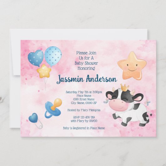 ウオータカラー牛ベビーシャワー招待状 招待状 (正面)