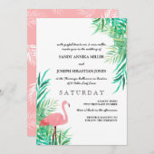 ウオーターカラフラミンゴ&パーム葉トロピカル結婚ズ 招待状 (正面/裏面)