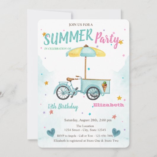 ウオーターカラーアイスクリームバイクスターズ誕生日 招待状 (正面)