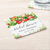 ウオーターカラーイチゴと花ブライダルシャワー スクエアペーパーコースター (アングル)