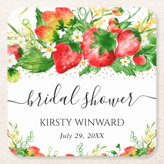 ウオーターカラーイチゴと花ブライダルシャワー スクエアペーパーコースター (正面)