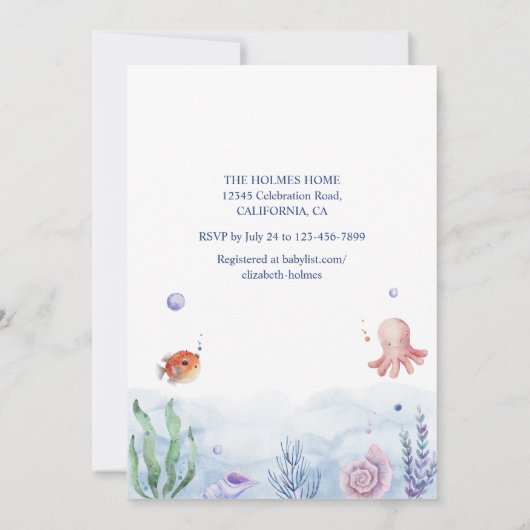 ウオーターカラーイルカ海洋生物ベビーシャワー 招待状 (裏面)