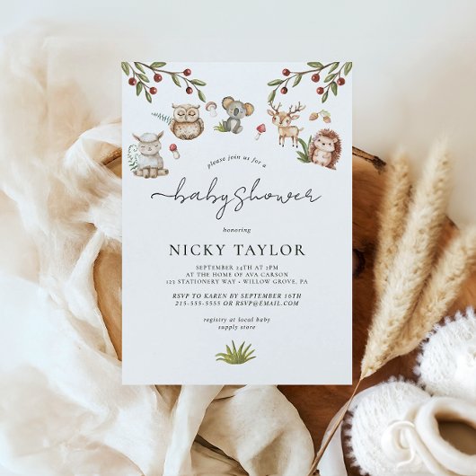 ウオーターカラーウッドランドかわいい動物の赤ちゃんシャワー 招待状