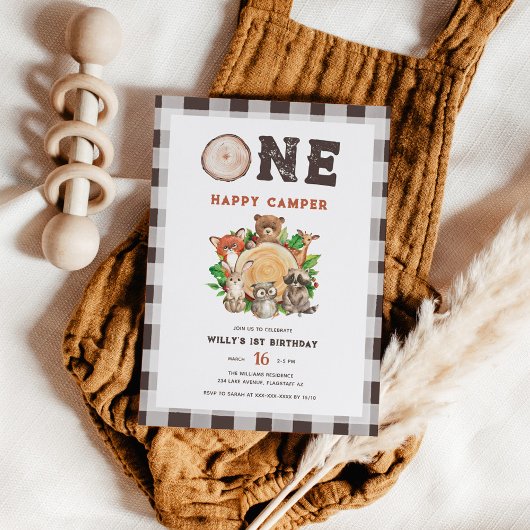 ウオーターカラーウッドランドアニマルズハッピーキャンパー誕生日 招待状