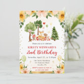 ウオーターカラーウッドランドアニマルズピクニック子供の誕生日 招待状 (スタンド正面)