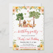 ウオーターカラーウッドランドアニマルズピクニック誕生日 招待状 (正面)