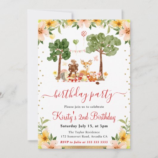 ウオーターカラーウッドランドアニマルズピクニック誕生日 招待状 (正面)