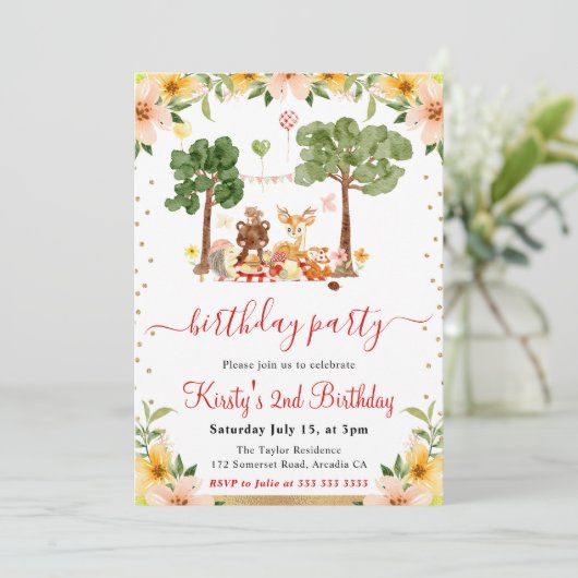 ウオーターカラーウッドランドアニマルズピクニック誕生日 招待状 (スタンド正面)