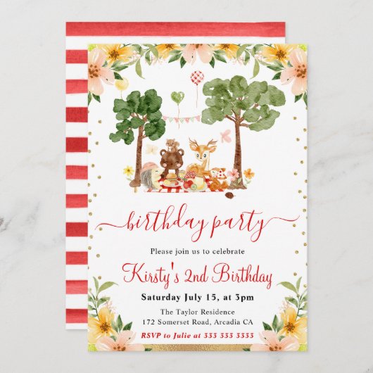 ウオーターカラーウッドランドアニマルズピクニック誕生日 招待状 (正面/裏面)