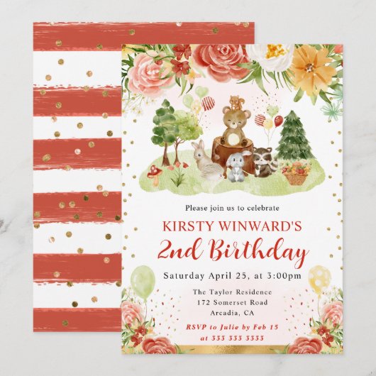 ウオーターカラーウッドランドアニマルズ子供の誕生日 招待状 (正面/裏面)