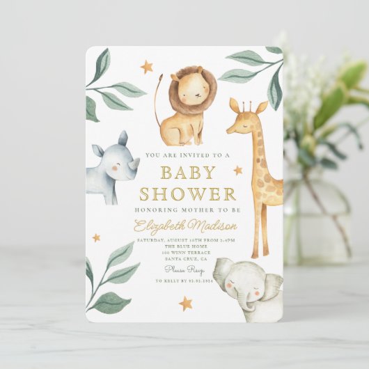 ウオーターカラーウッドランドサファリ動物かわいい 招待状 (スタンド正面)
